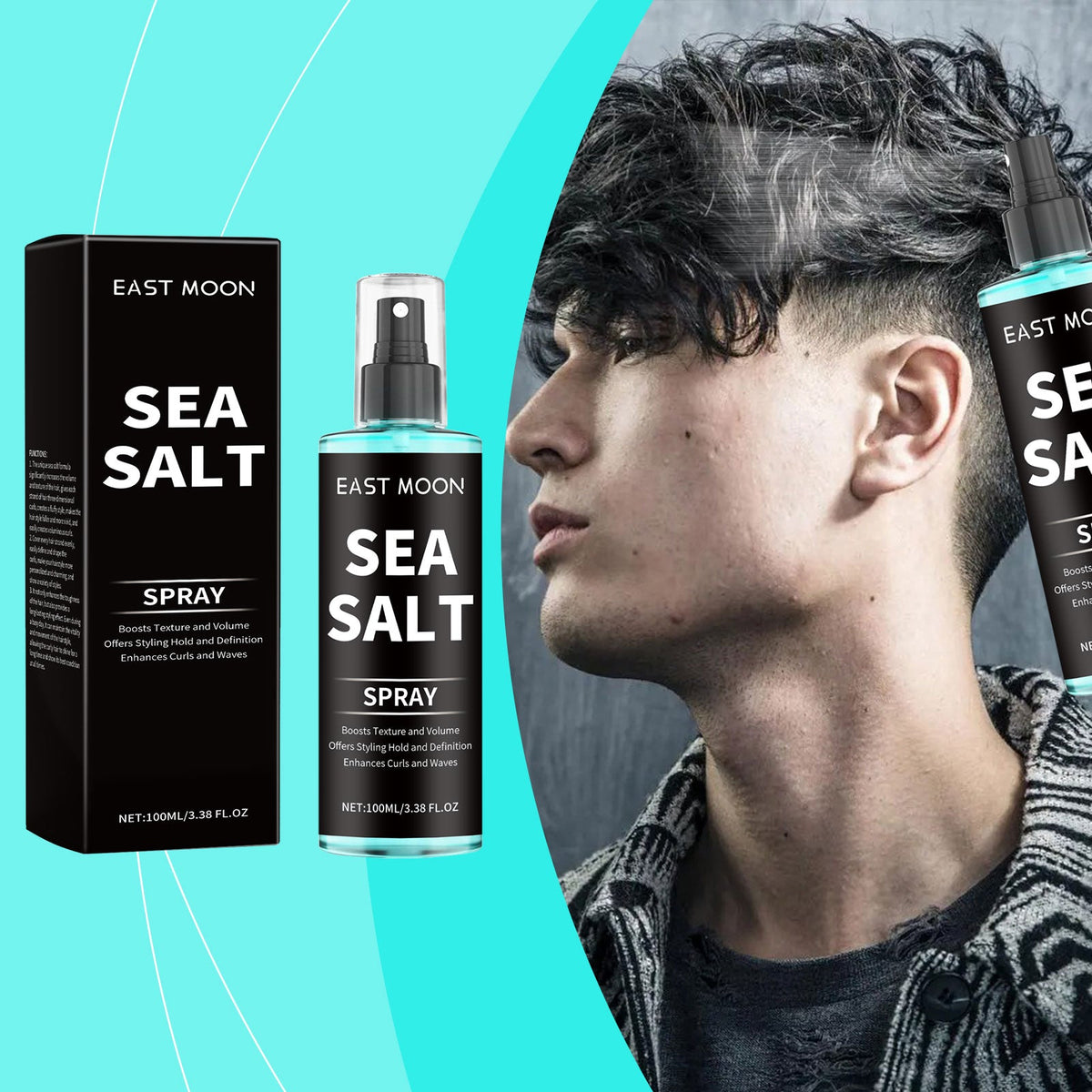 Sea Salt styling spray bottle with pump and black carton, side view