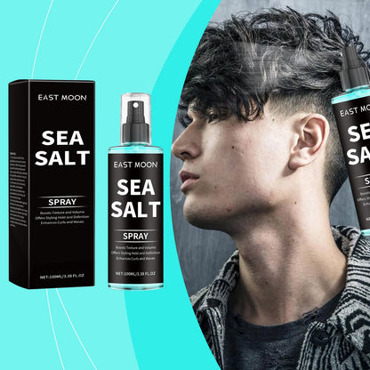 Sea Salt styling spray bottle with pump and black carton, side view