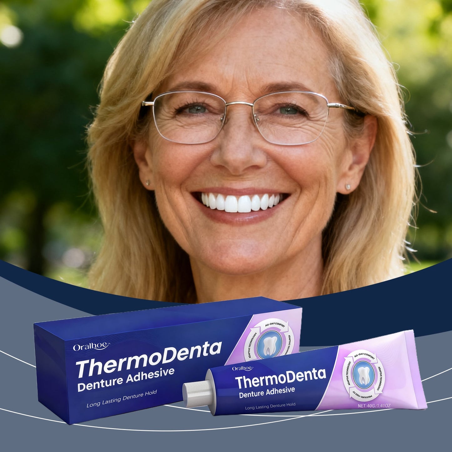 ThermoDenta denture adhesive box and tube, purple and blue with white label