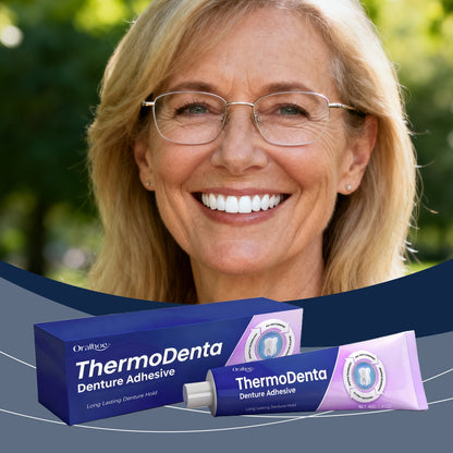 ThermoDenta denture adhesive box and tube, purple and blue with white label