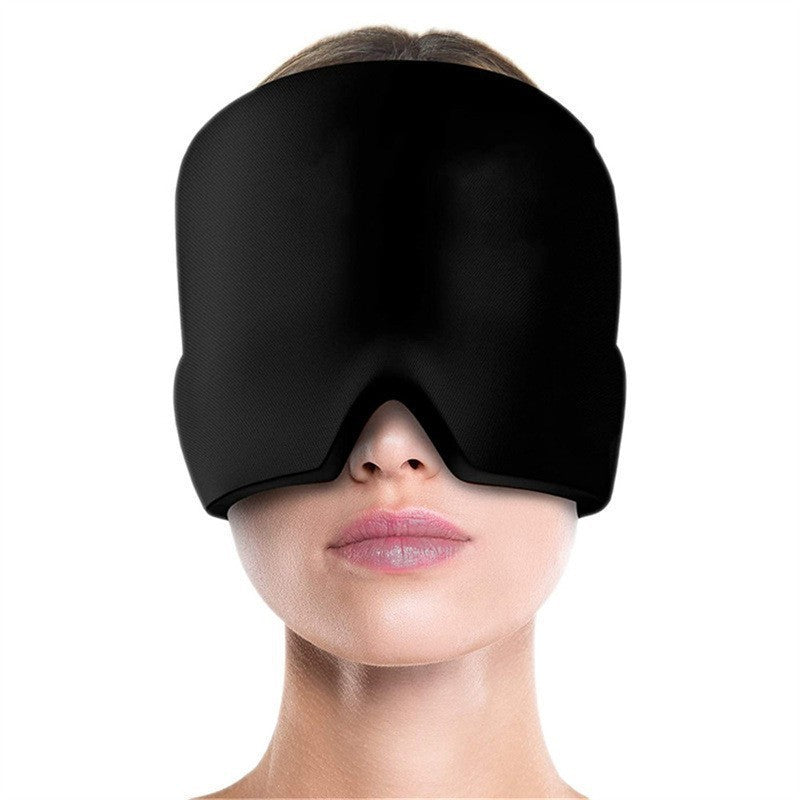 Black gel eye mask cap with curved eye cutout covering face