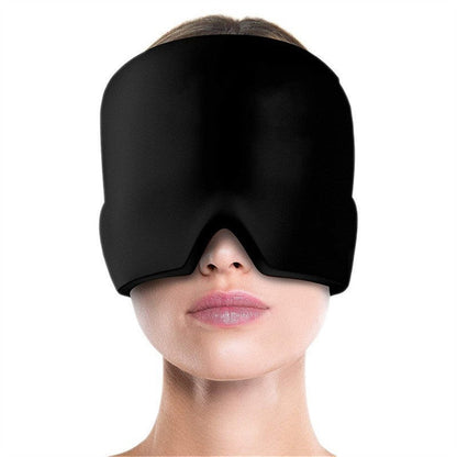 Black gel eye mask cap with curved eye cutout covering face