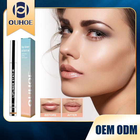 Peel-off lip liner set, light brown shade, with stick and light-blue box
