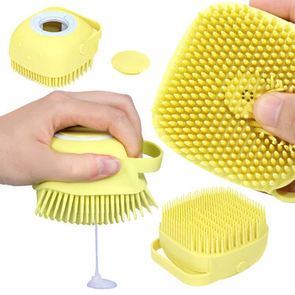 Set of yellow dog bath brushes with bristle heads and textured cleaning pad