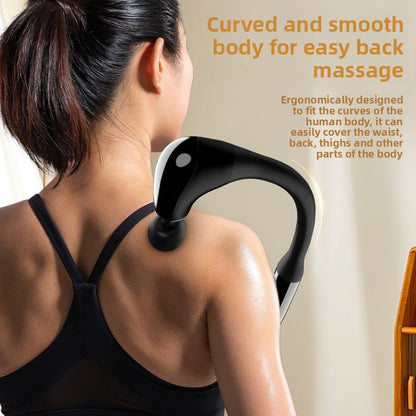 Black massage hammer with curved head, resting on the side of the neck