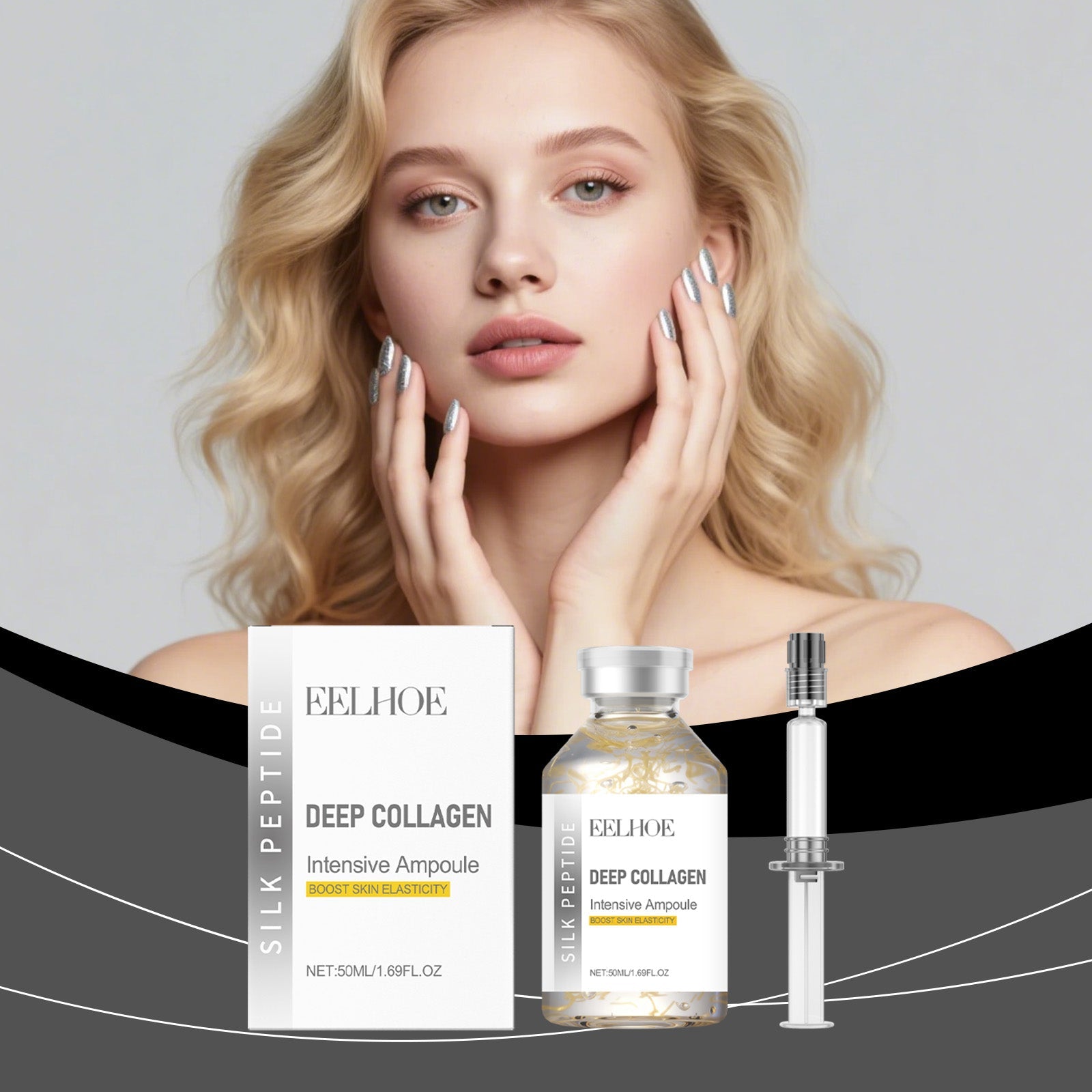 Deep collagen ampoule set with box, amber bottle and silver-capped dropper (50ml)