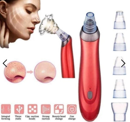 Red electric blackhead remover with suction tip, plus spare clear nozzle heads.