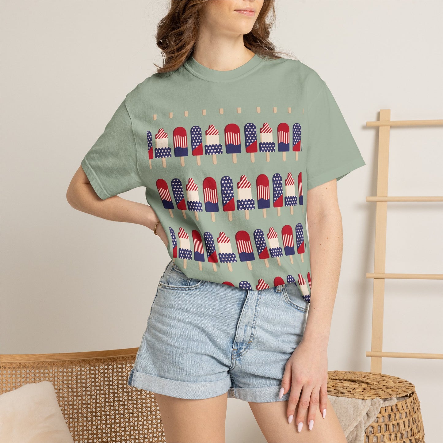 Sage green graphic T-shirt with American flag popsicle row print