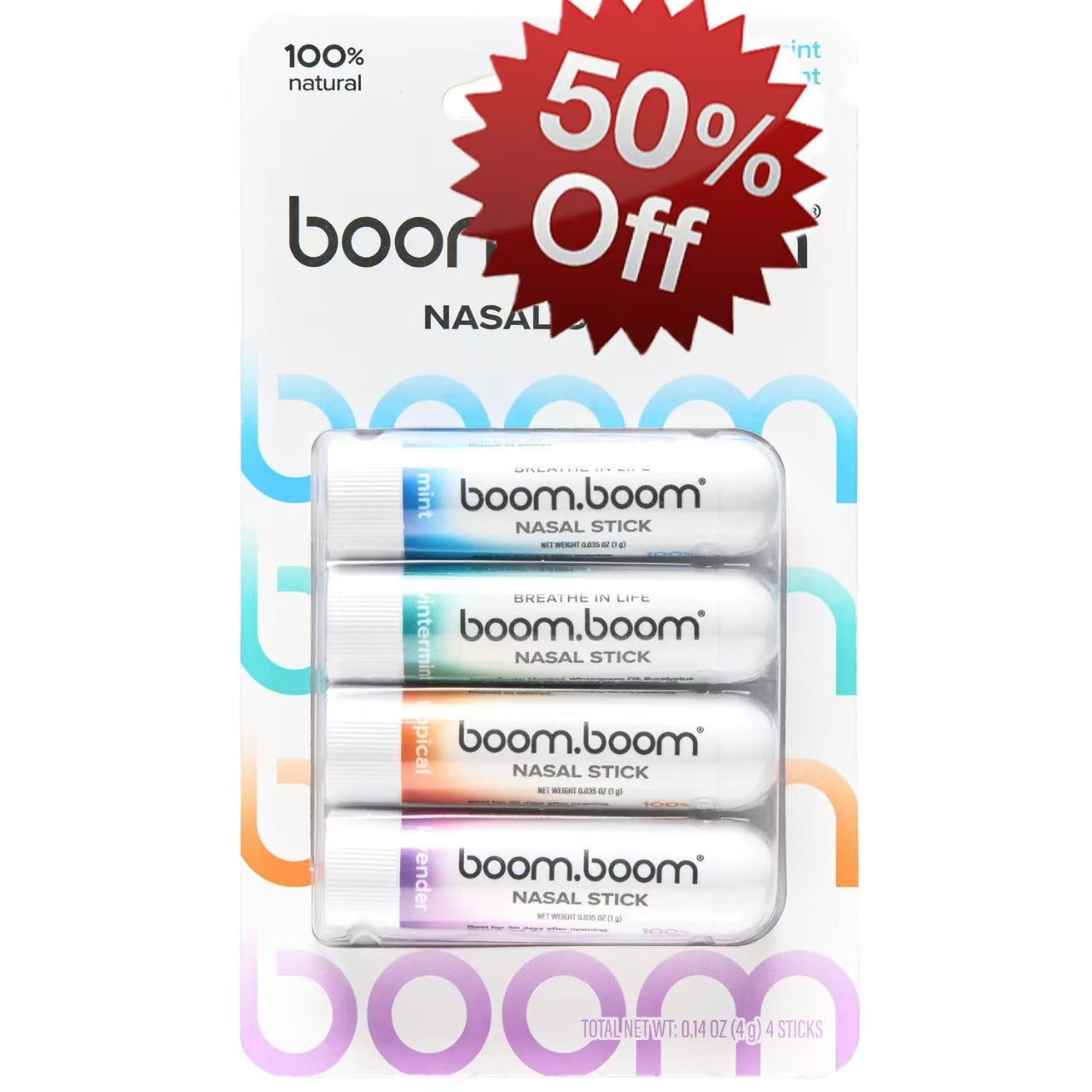 Nasal stick blister pack with three silver boom.boom nasal sticks