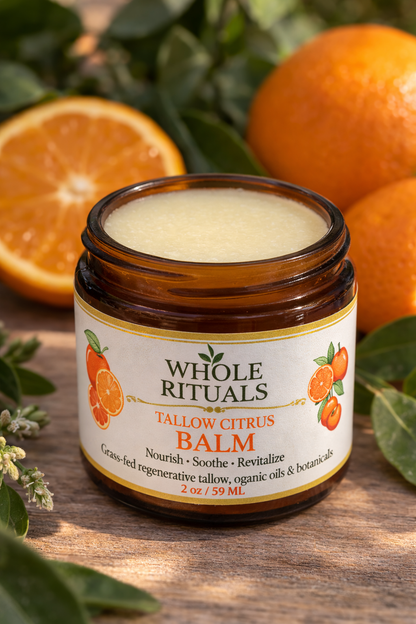 Open jar of tallow citrus balm with gold rim, Whole Rituals label, creamy balm visible