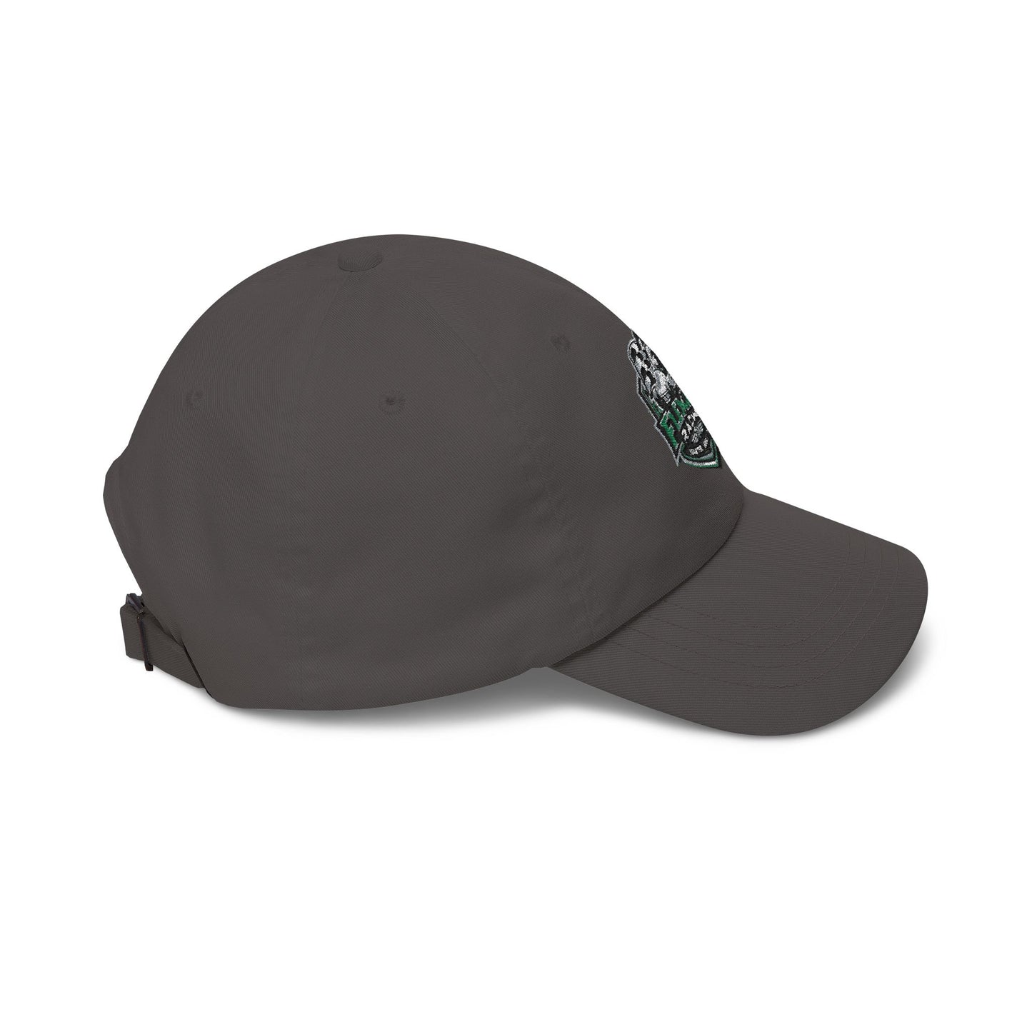Soccer crest cap in dark gray with green crest patch and side profile