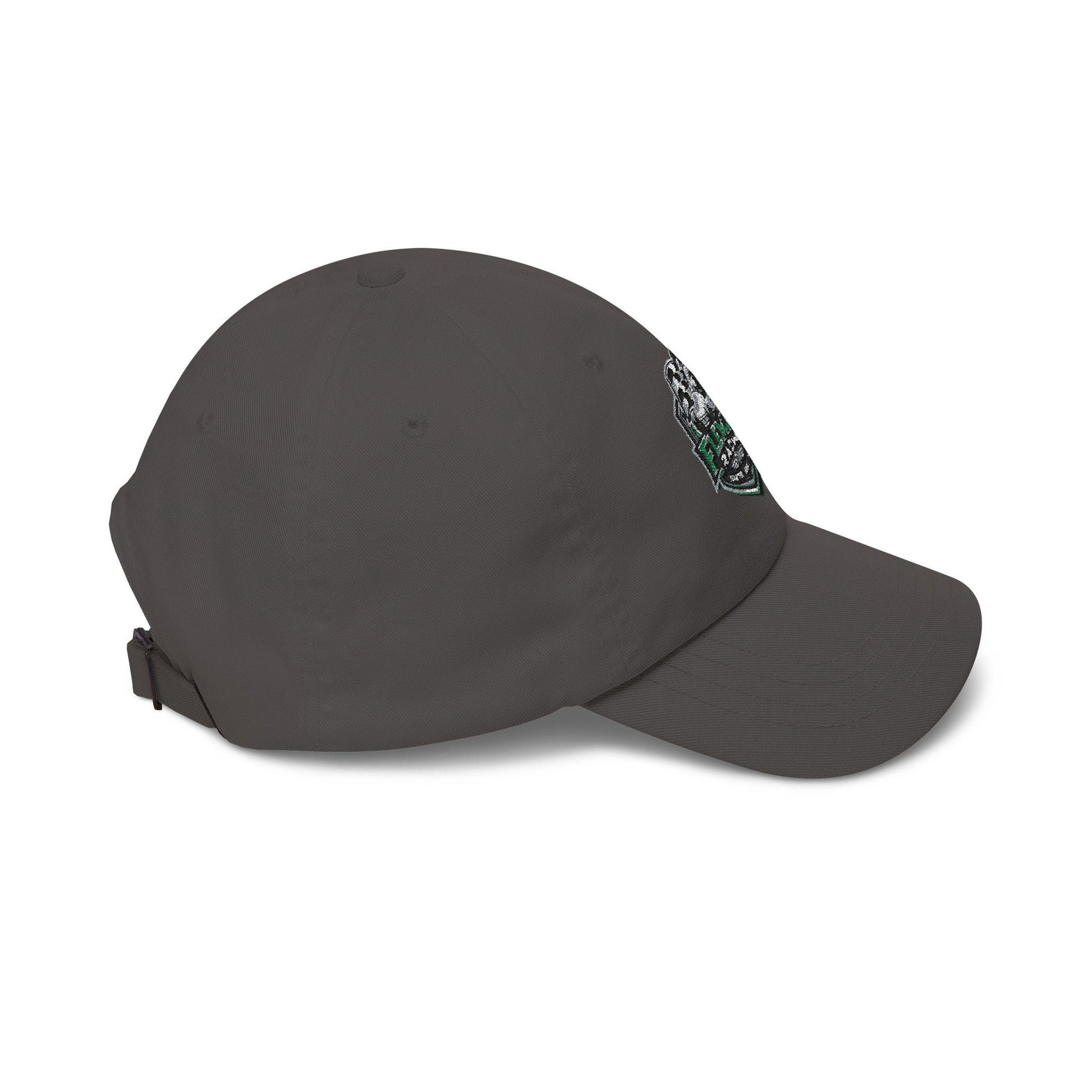 Soccer crest cap in dark gray with green crest patch and side profile