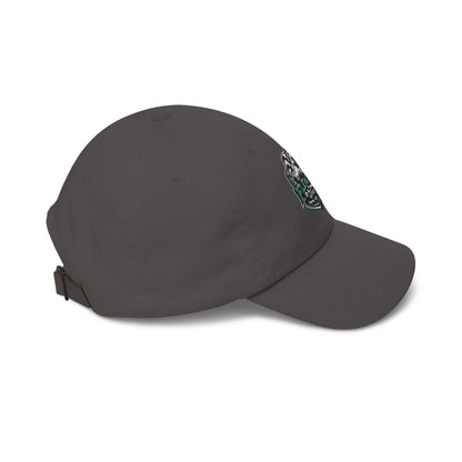 Soccer crest cap in dark gray with green crest patch and side profile