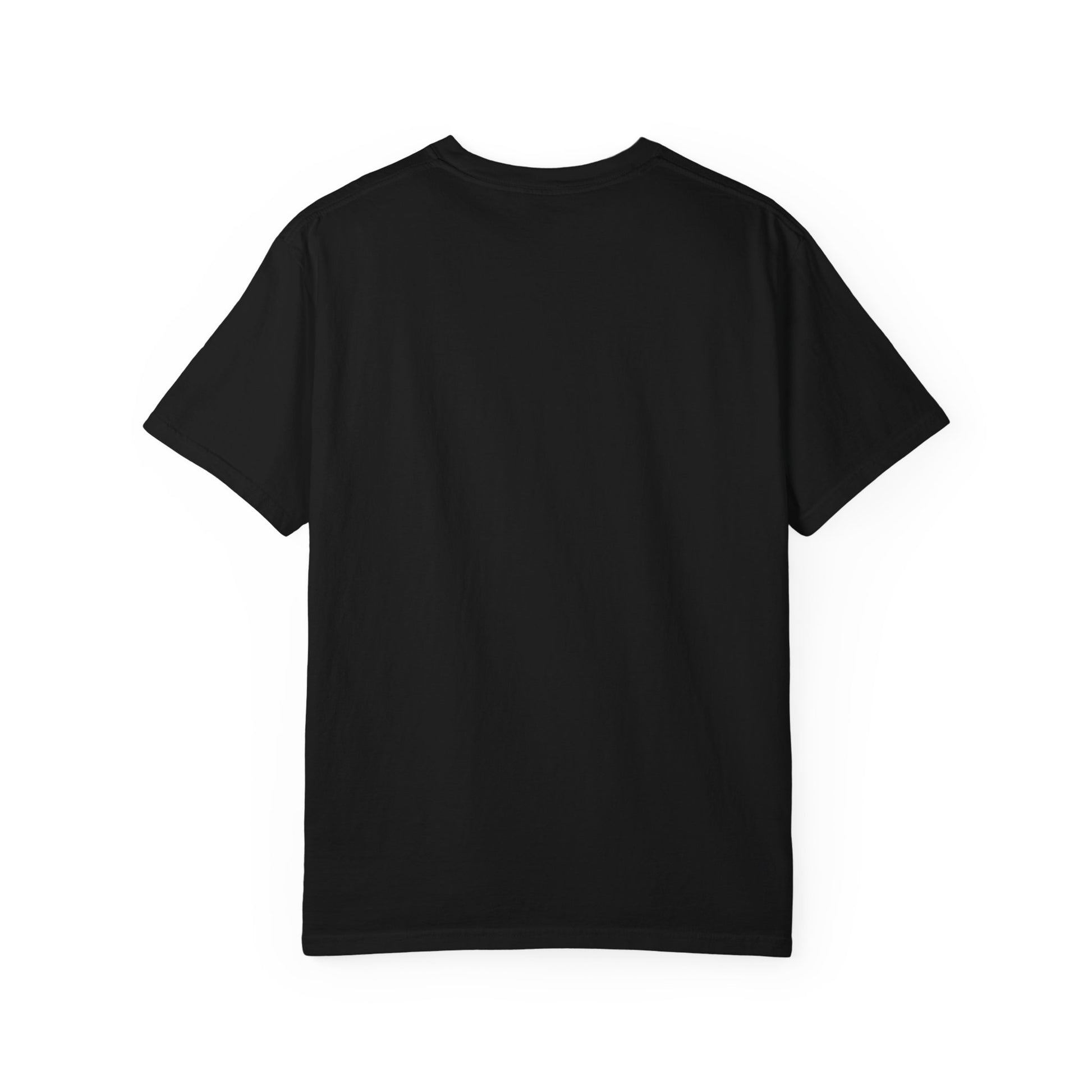 Black T-shirt, plain front with crew neck and short sleeves