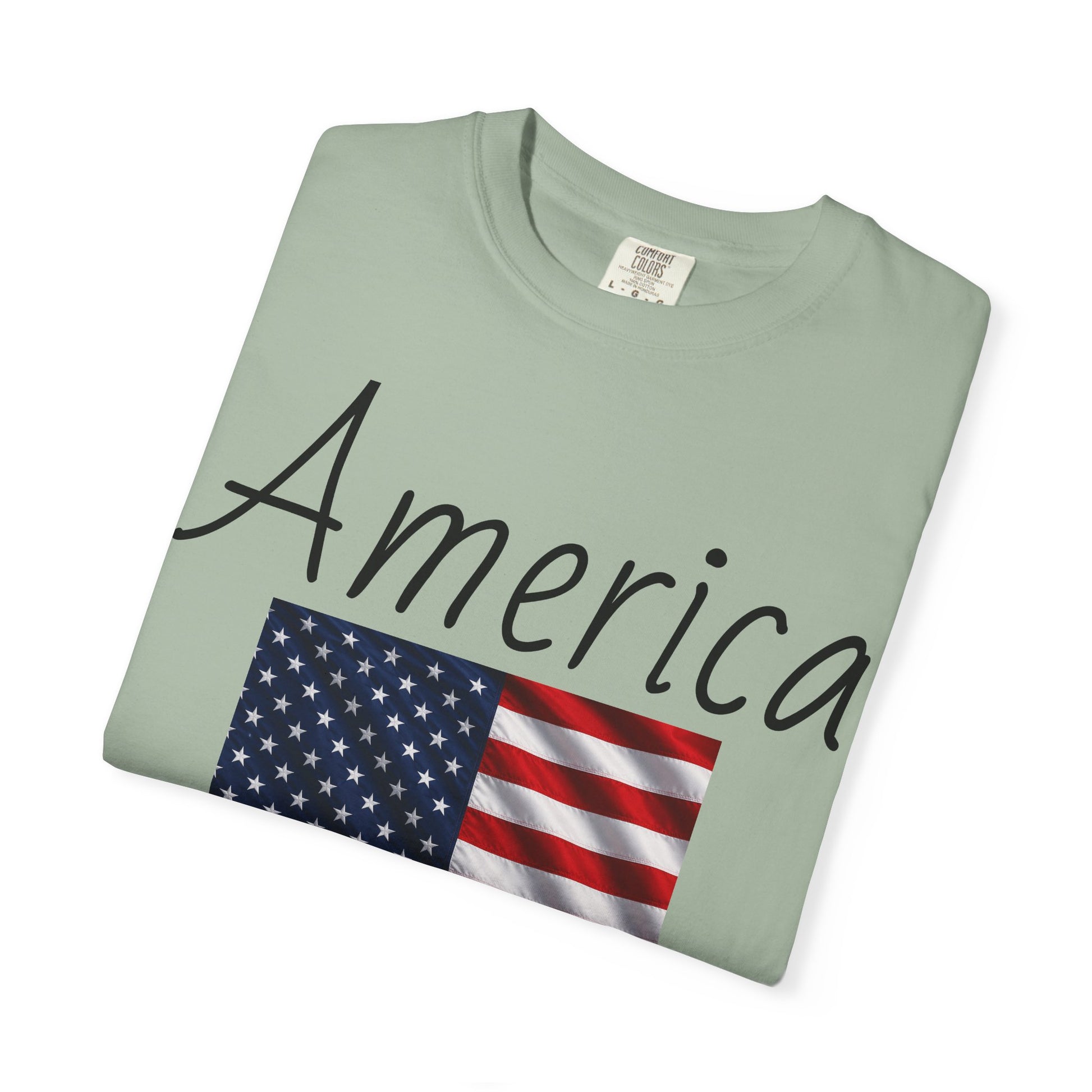 Unisex graphic T-shirt, sage green with “America” script and U.S. flag graphic