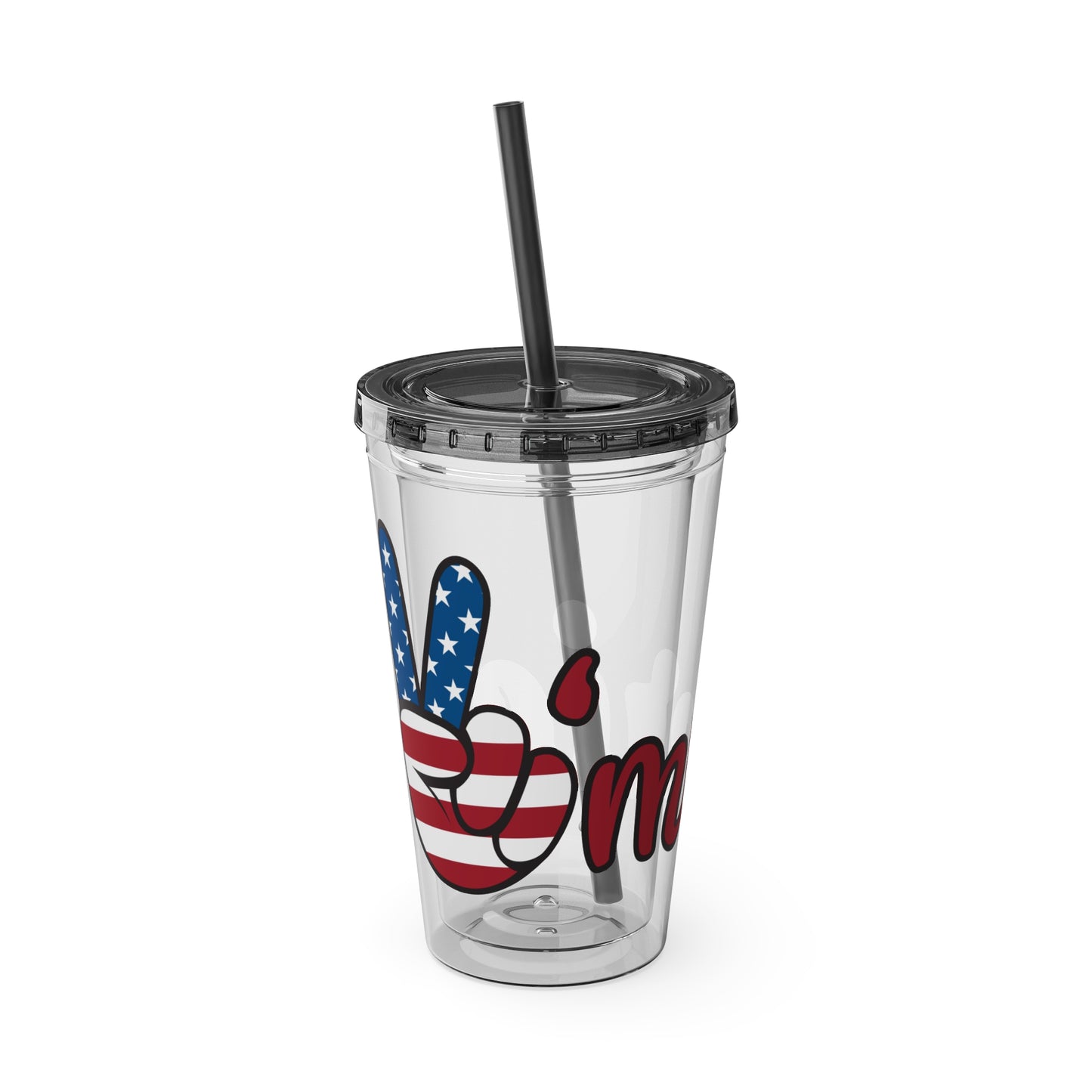 Clear 16oz tumbler with black straw and blue/red peace sign graphic