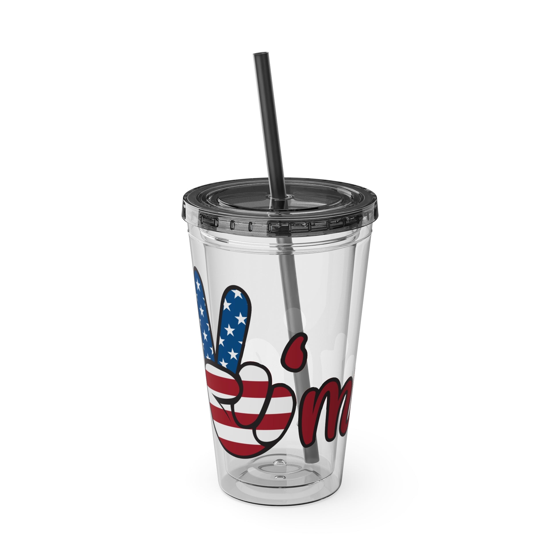 Clear 16oz tumbler with black straw and blue/red peace sign graphic