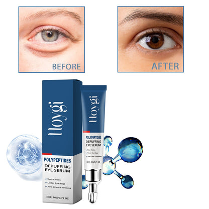 De-puffing eye serum cream: blue tube with silver applicator and matching blue box