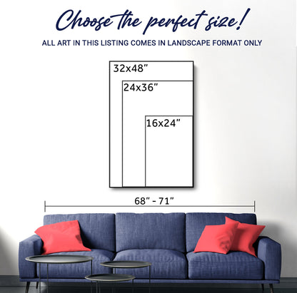 Wall art size chart graphic with options 32x48, 24x36, and 16x24