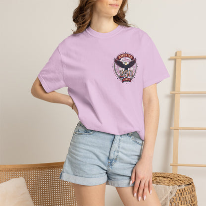 Lavender T-shirt with America 250 circular eagle logo on chest, short sleeves