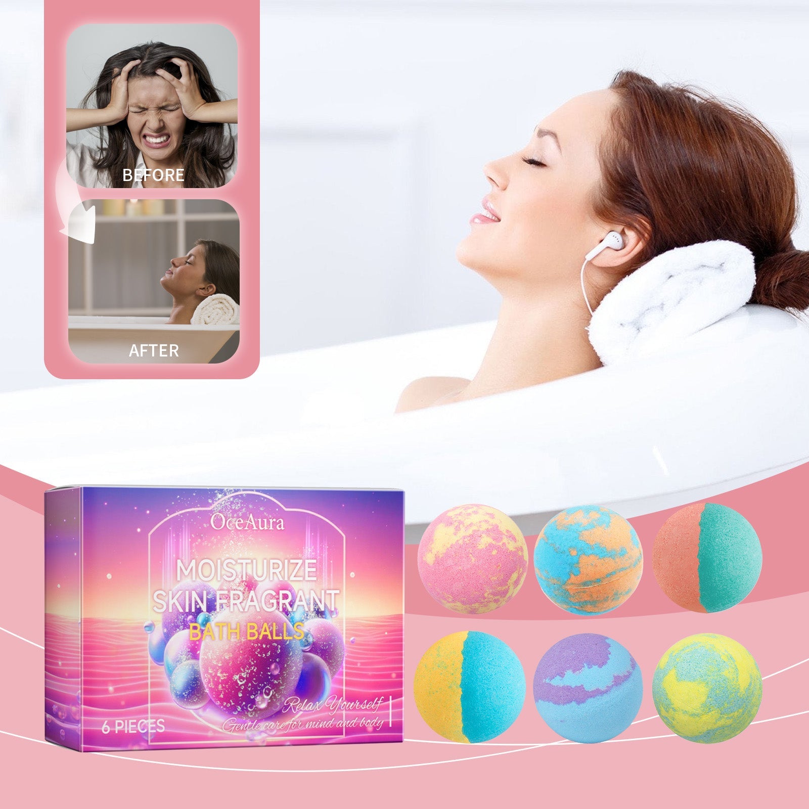 Bubble bath balls set with boxed packaging and 6 colored bath spheres