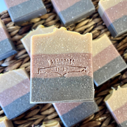 Bourbon Barrel soap bar, square cut with logo stamp, blue-gray and pale bars