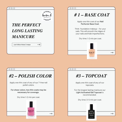 Manicure step chart layout for pedicure: base coat, polish, and top coat