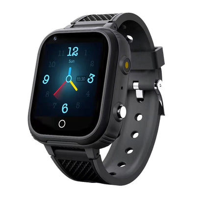 Children's smart watch with black silicone strap, square touchscreen showing colorful clock