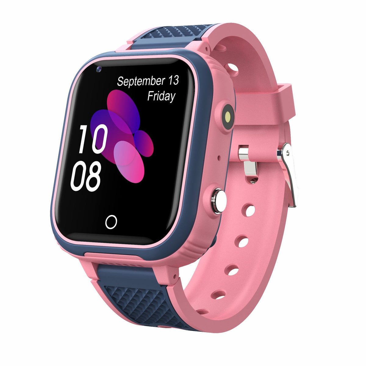 Children's smart watch with pink silicone strap, square touchscreen showing date and time