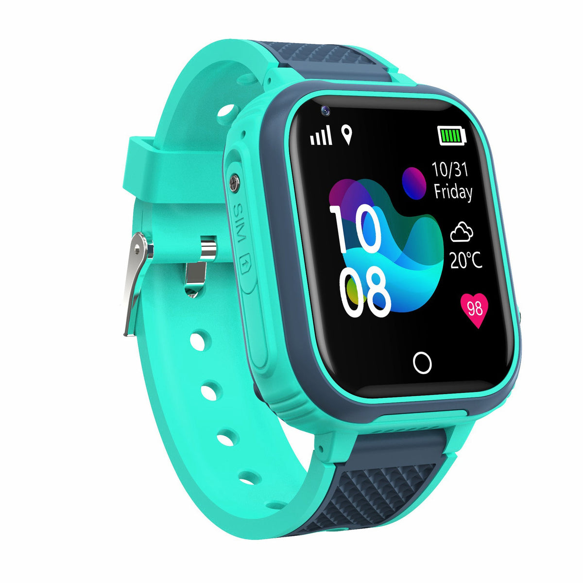 Children's smart watch with turquoise silicone strap, square display with icons and weather