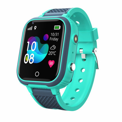 Children's smart watch with teal silicone strap, square touchscreen showing icons and date