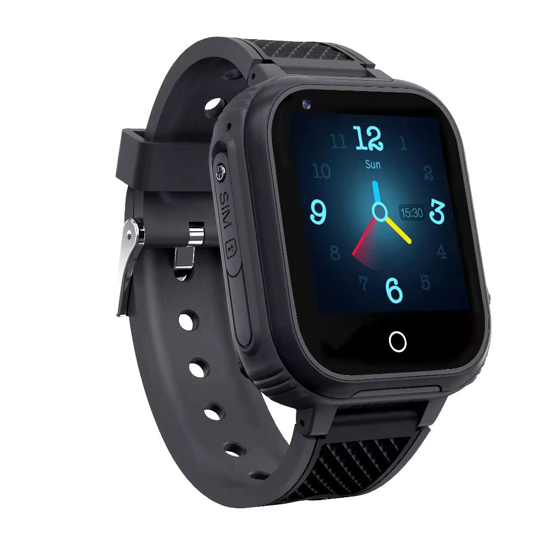 Children's smart watch with black silicone strap, side view with square touchscreen display