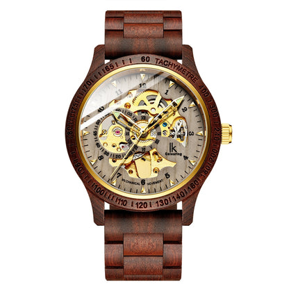 Men’s mechanical wooden watch with brown strap and gold-tone skeleton dial