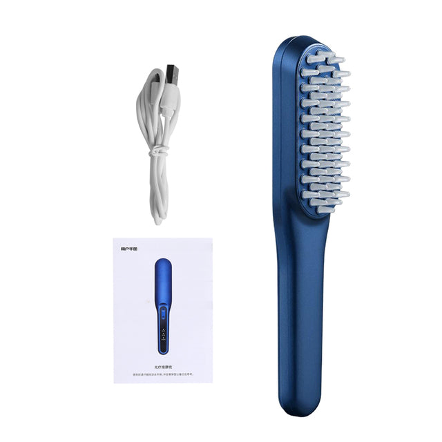 Hair growth comb kit with blue handheld device, white cord, and instruction card