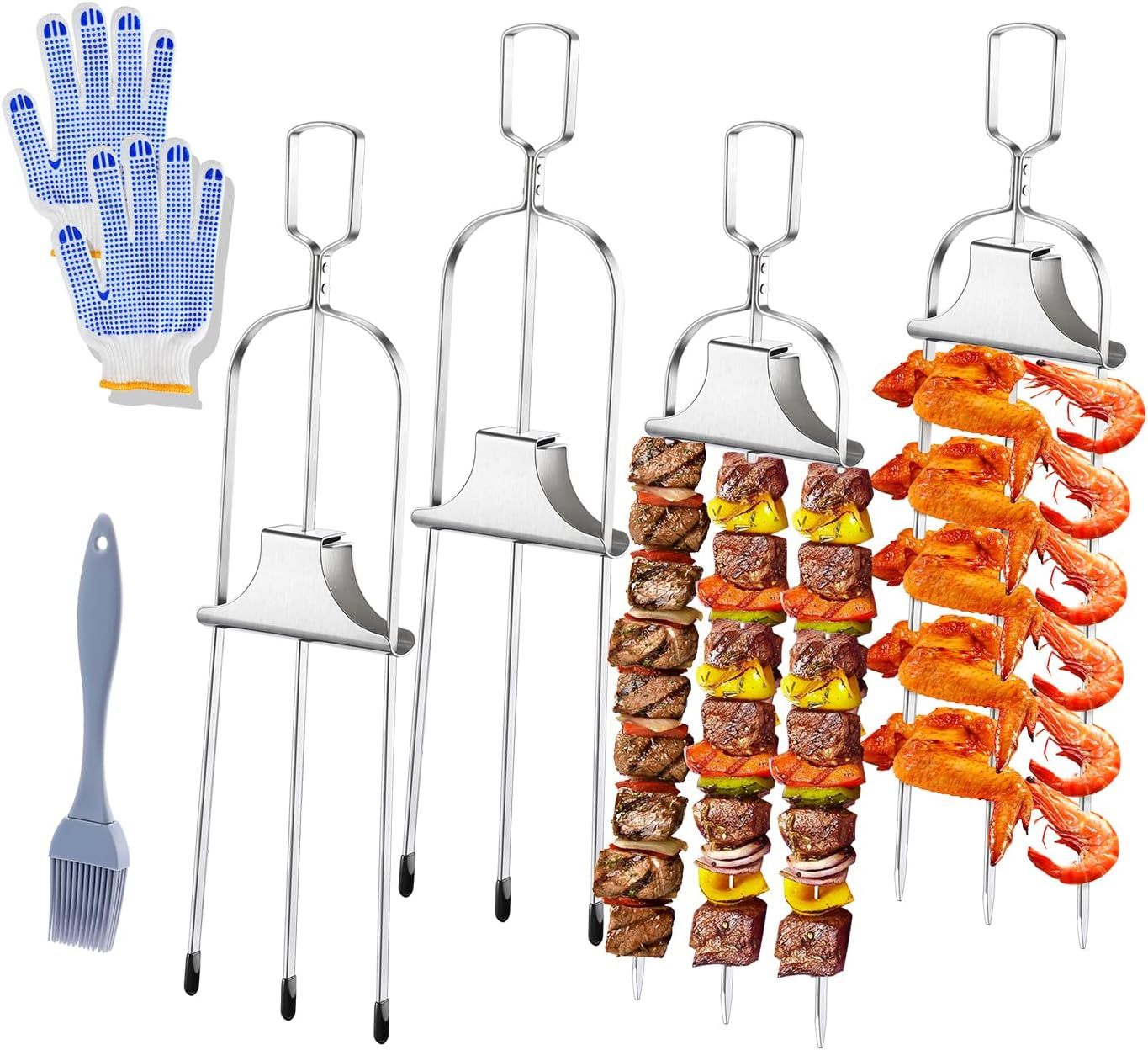 4PCS Kabob Skewers for Grilling, 14'' Stainless Steel Kebab Skewers, 3 Prong Metal Grill Skewer with Push Bar Slider, Skewer Sticks for Meat Veggies Fruits Marshmallows, BBQ Barbecue Accessories - Renee Lane Company