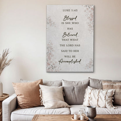 Framed wall art canvas with soft floral accents and the Luke 1:45 quote text