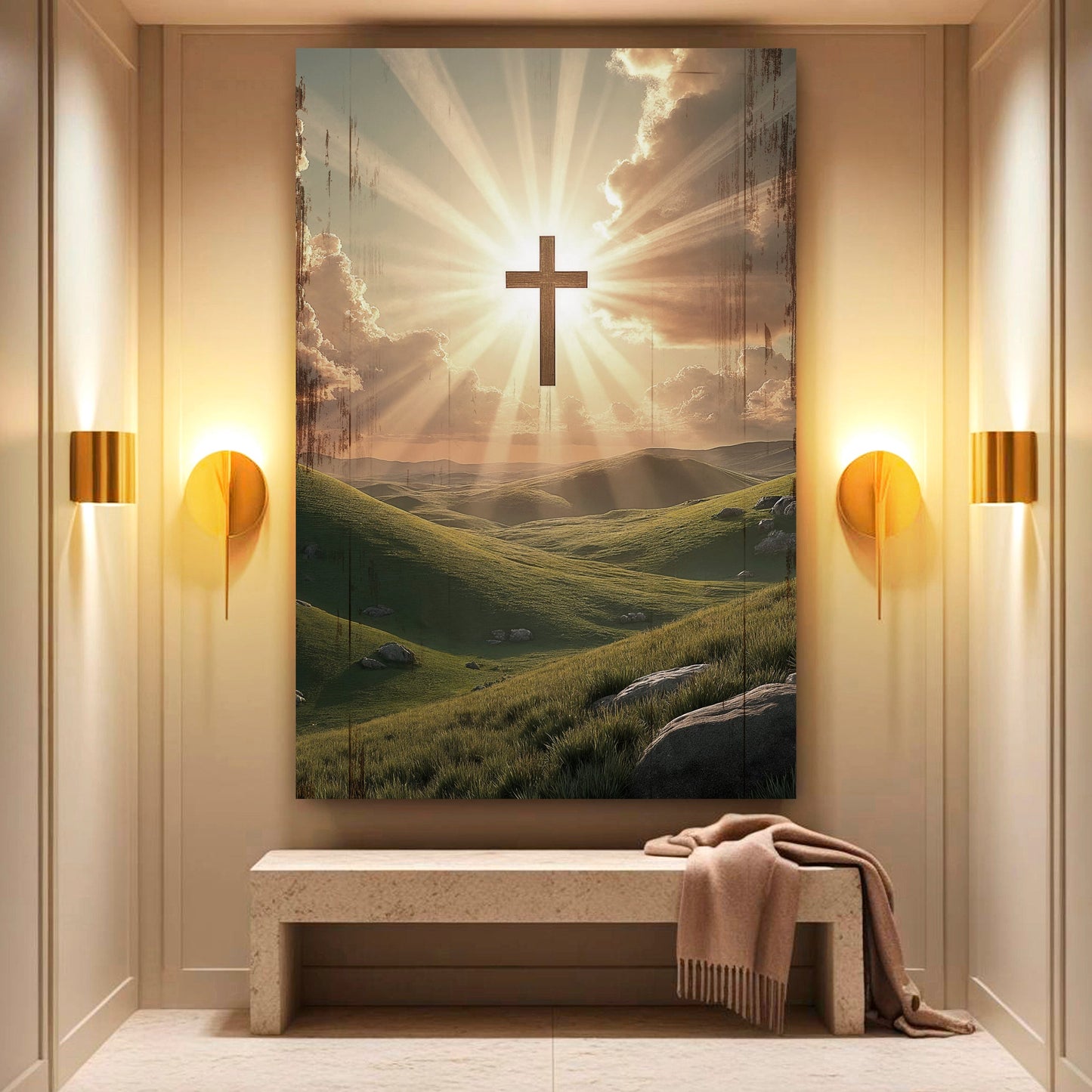 Amazing Grace wall sign canvas featuring a gold cross in the center of the scene