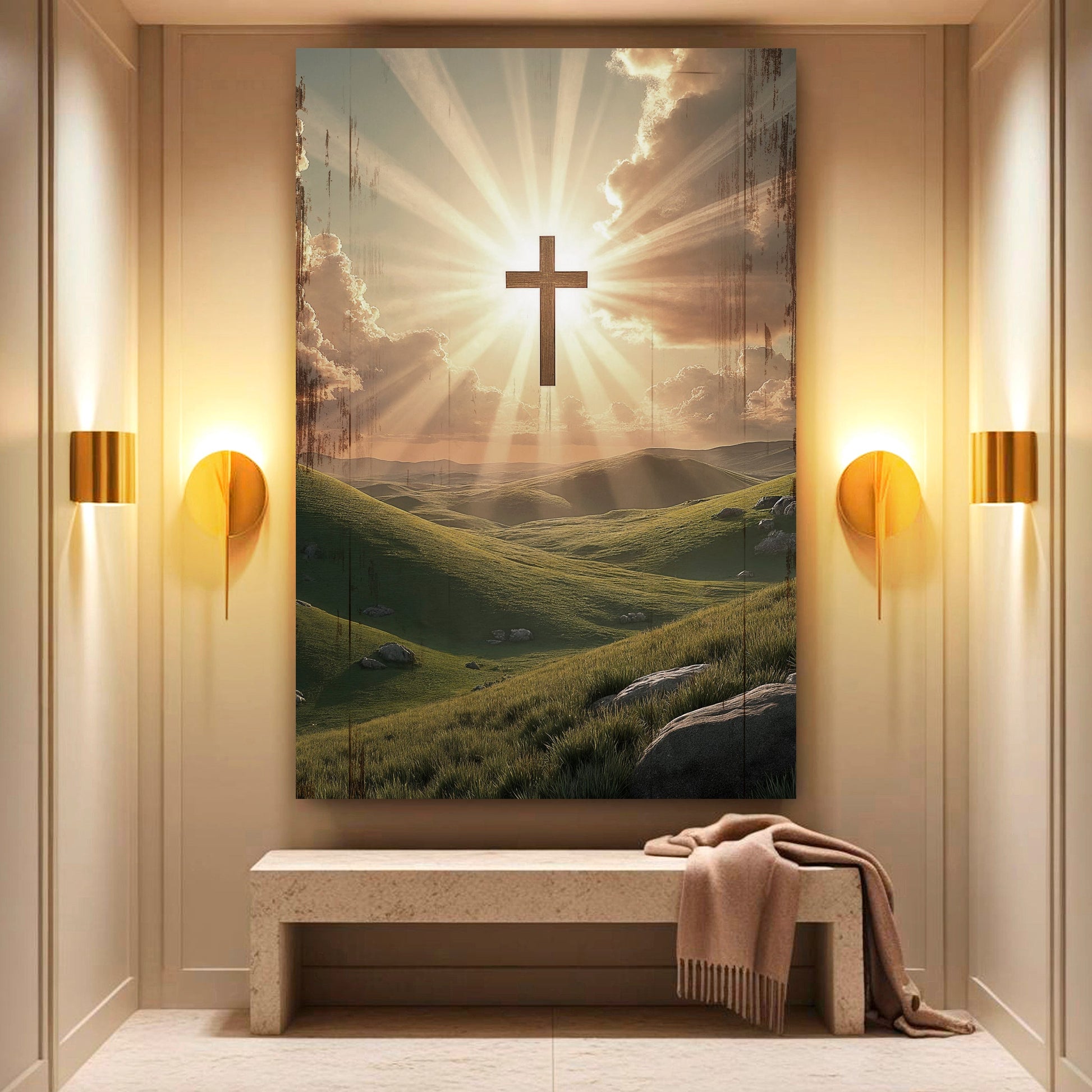Amazing Grace wall sign canvas featuring a gold cross in the center of the scene