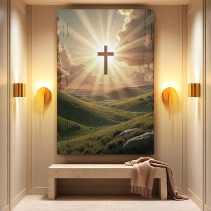 Amazing Grace wall sign canvas featuring a gold cross in the center of the scene