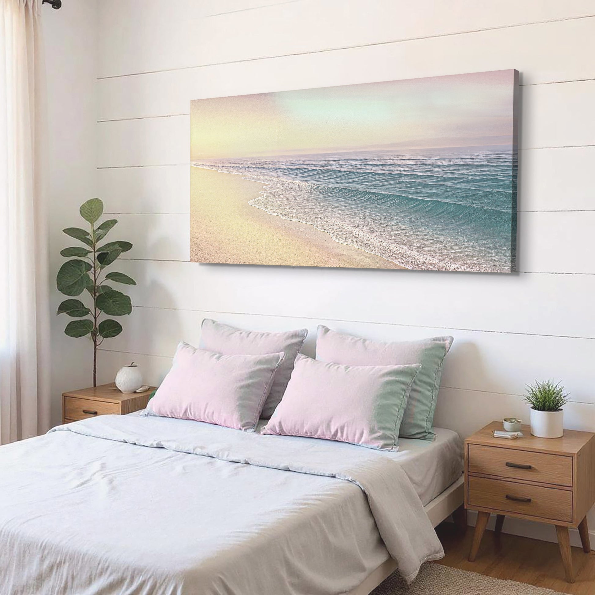 Coastal beach wall art canvas with sandy beach, turquoise water, and soft sunrise