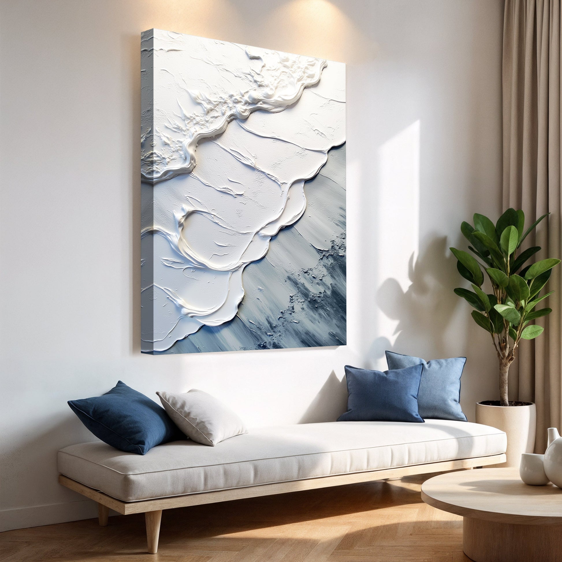 Framed abstract wave wall art with white relief waves over blue-gray textured tones