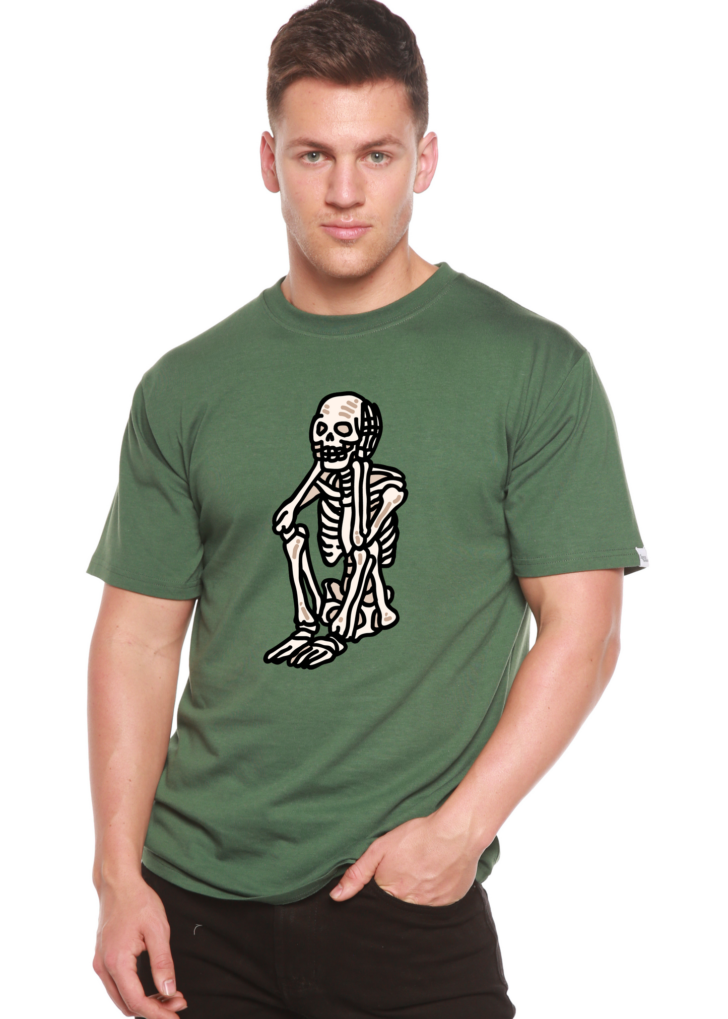 Unisex short-sleeve graphic T-shirt, green with black skeleton front print