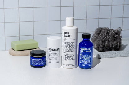 Skincare starter set with body wash bottle, deodorant, cleanser, face wash, and soap bar