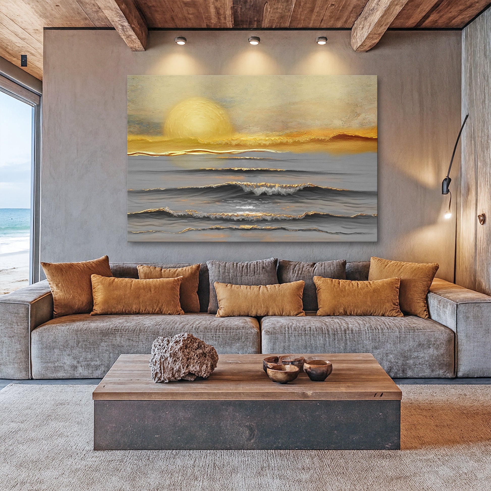 Ocean wall art canvas with bright yellow sun rising above wavy gray waters