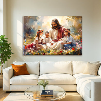 Framed canvas wall art of Jesus with three children in a bright flower scene