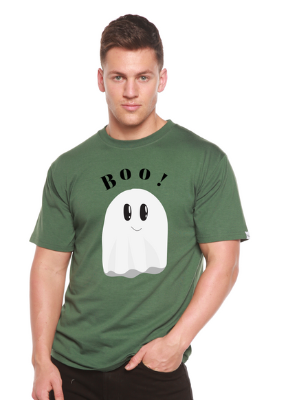 Men's green graphic T-shirt with “BOO!” text and white ghost print