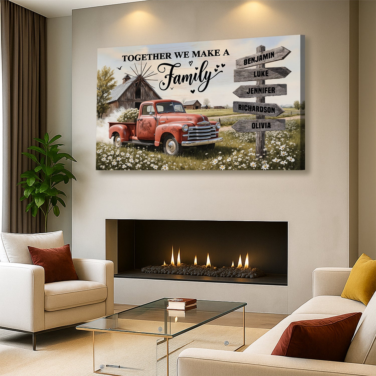 Personalized canvas wall art with a red vintage pickup truck, wildflowers, and family name plaques