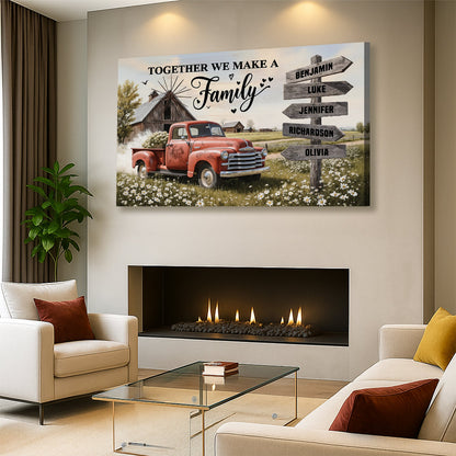 Personalized canvas wall art with a red vintage pickup truck, wildflowers, and family name plaques