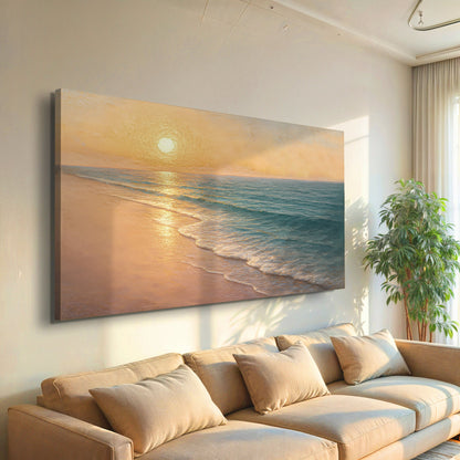 Coastal beach wall art showing a glowing sun over ocean waves and sandy beach.