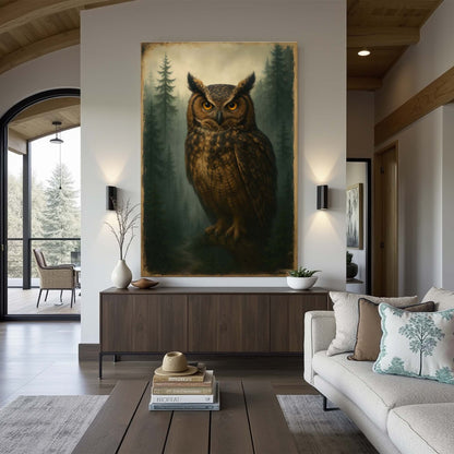 Owl wall art canvas with forest background and standing owl, centered above console